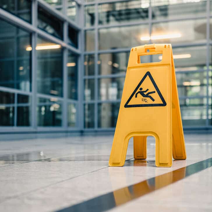 Yellow sign on floor that alerts for wet floor.