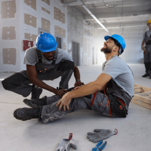 A worker in a hardhat with a hurt leg